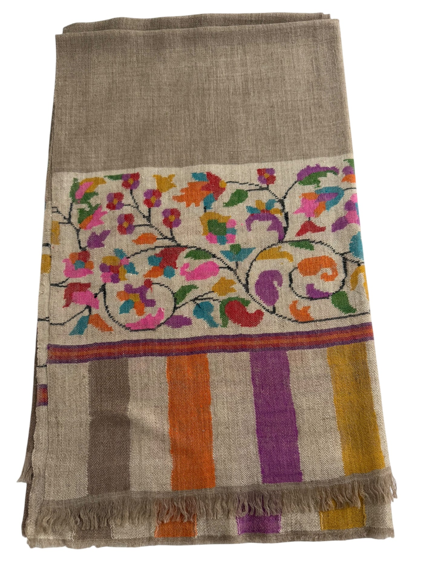 Natural Beige Pure Pashmina Kani Shawl with Multicolour Floral Border