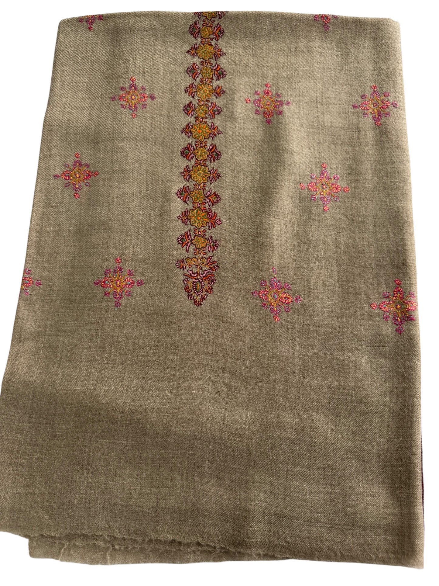 Natural Beige Pashmina Shawl with Sozni Floral Embroidery & Border