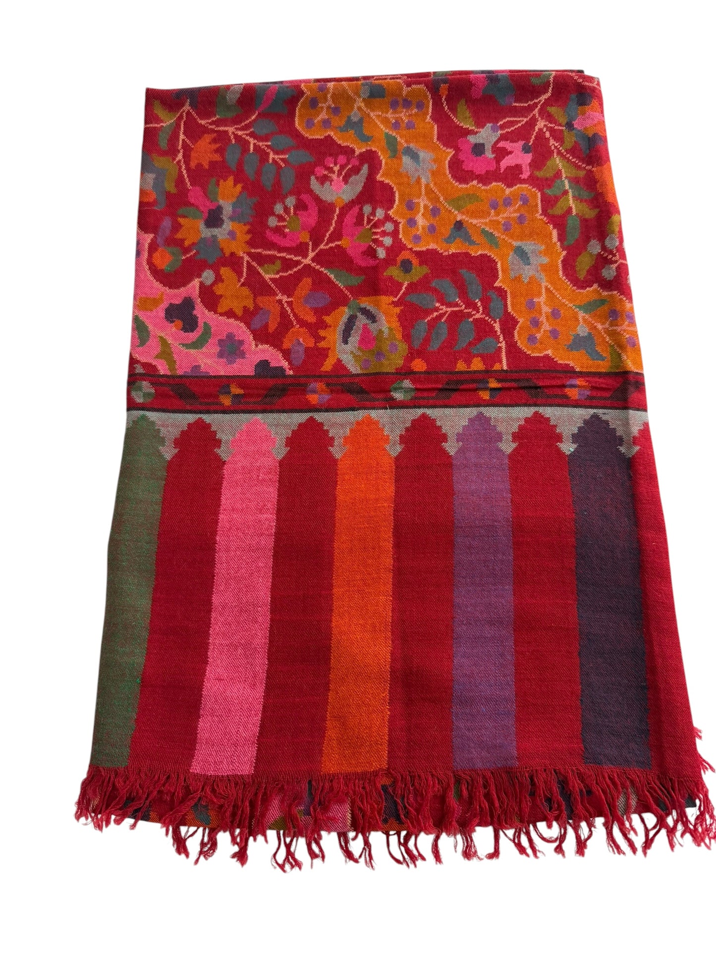 Crimson Pure Pashmina Kani Shawl with Multicolour Floral Jaal