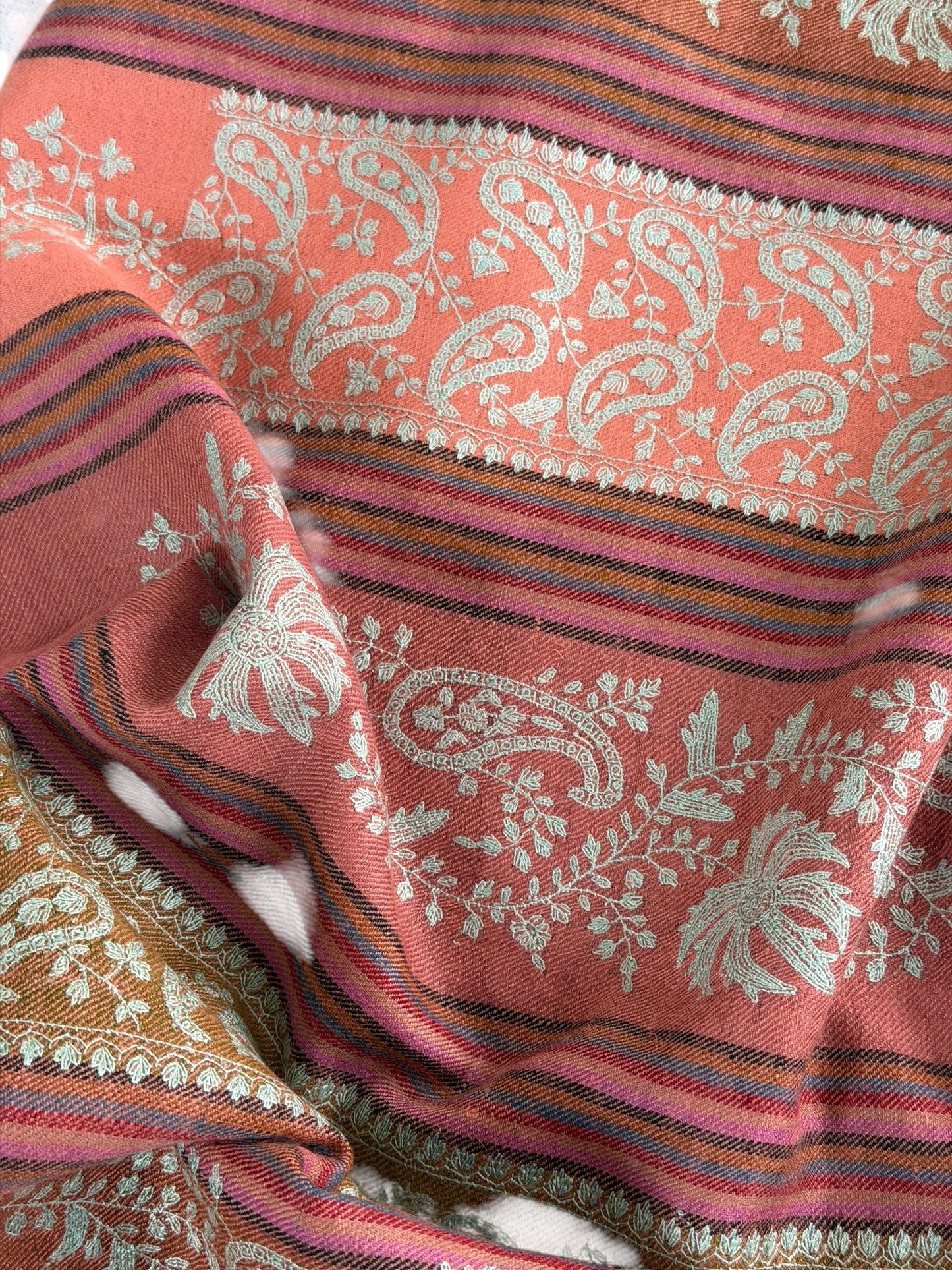 Multicolour Striped Pure Pashmina Shawl with All-Over Sozni Jaal Embroidery