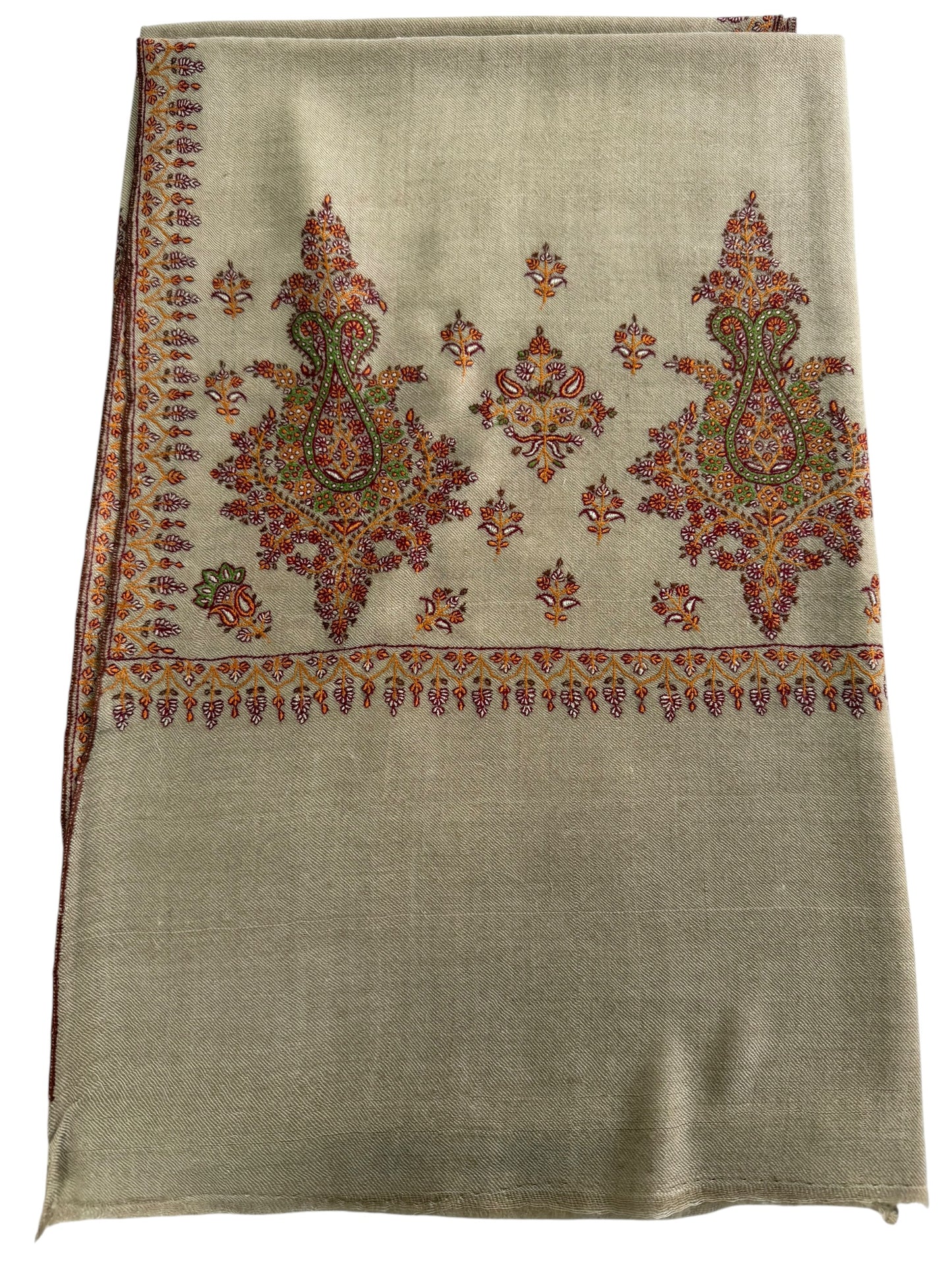 Natural Beige Pashmina Shawl with Sozni Paisley & Floral Embroidery
