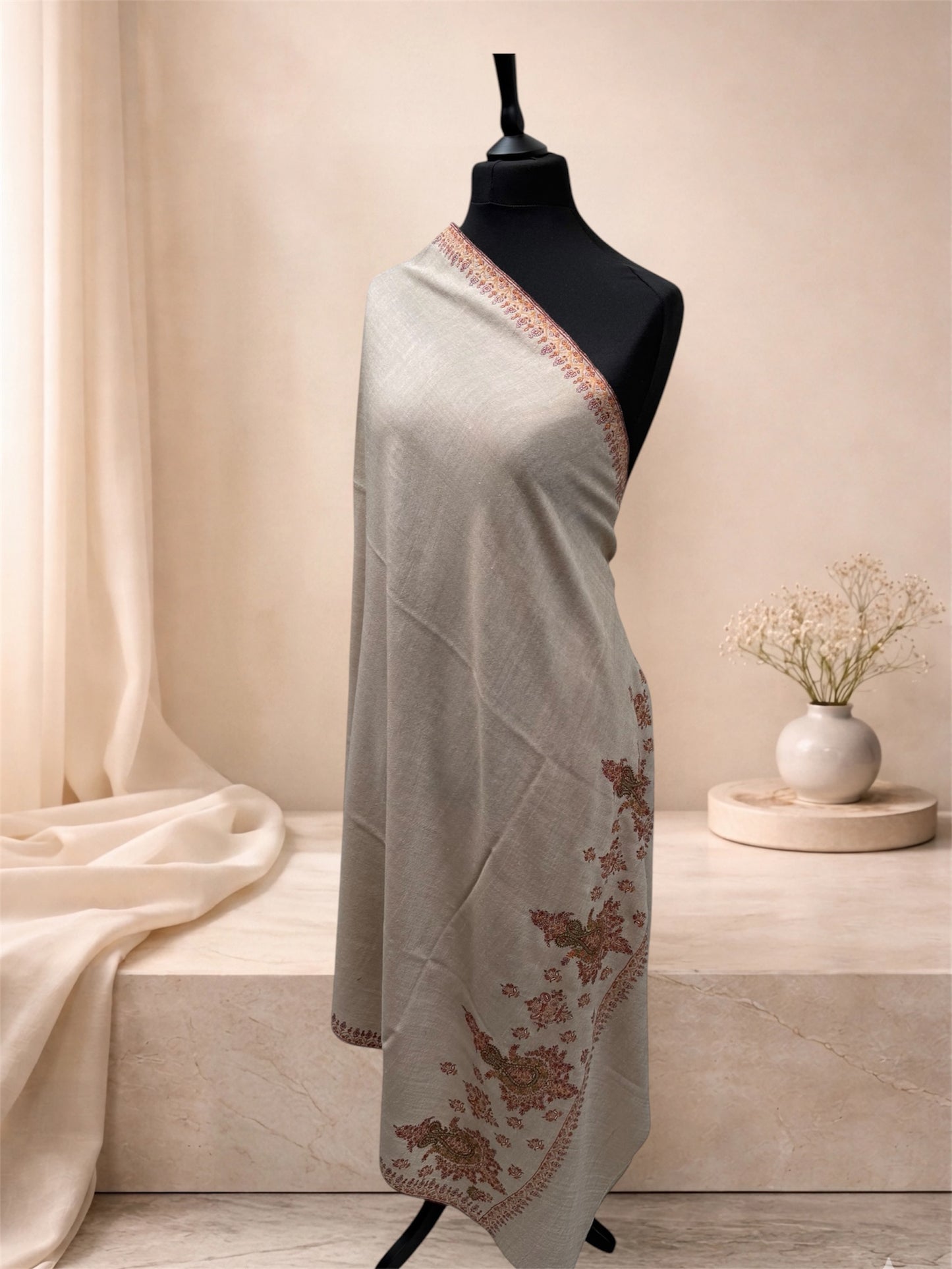 Natural Beige Pashmina Shawl with Sozni Paisley & Floral Embroidery