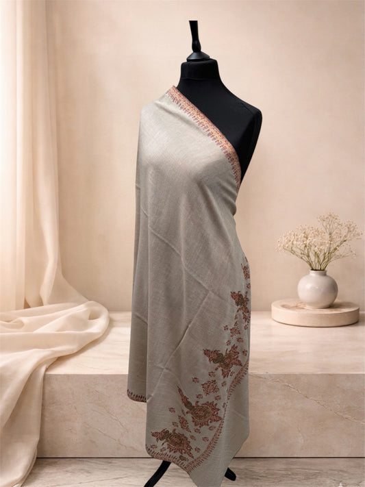 Natural Beige Pashmina Shawl with Sozni Paisley & Floral Embroidery