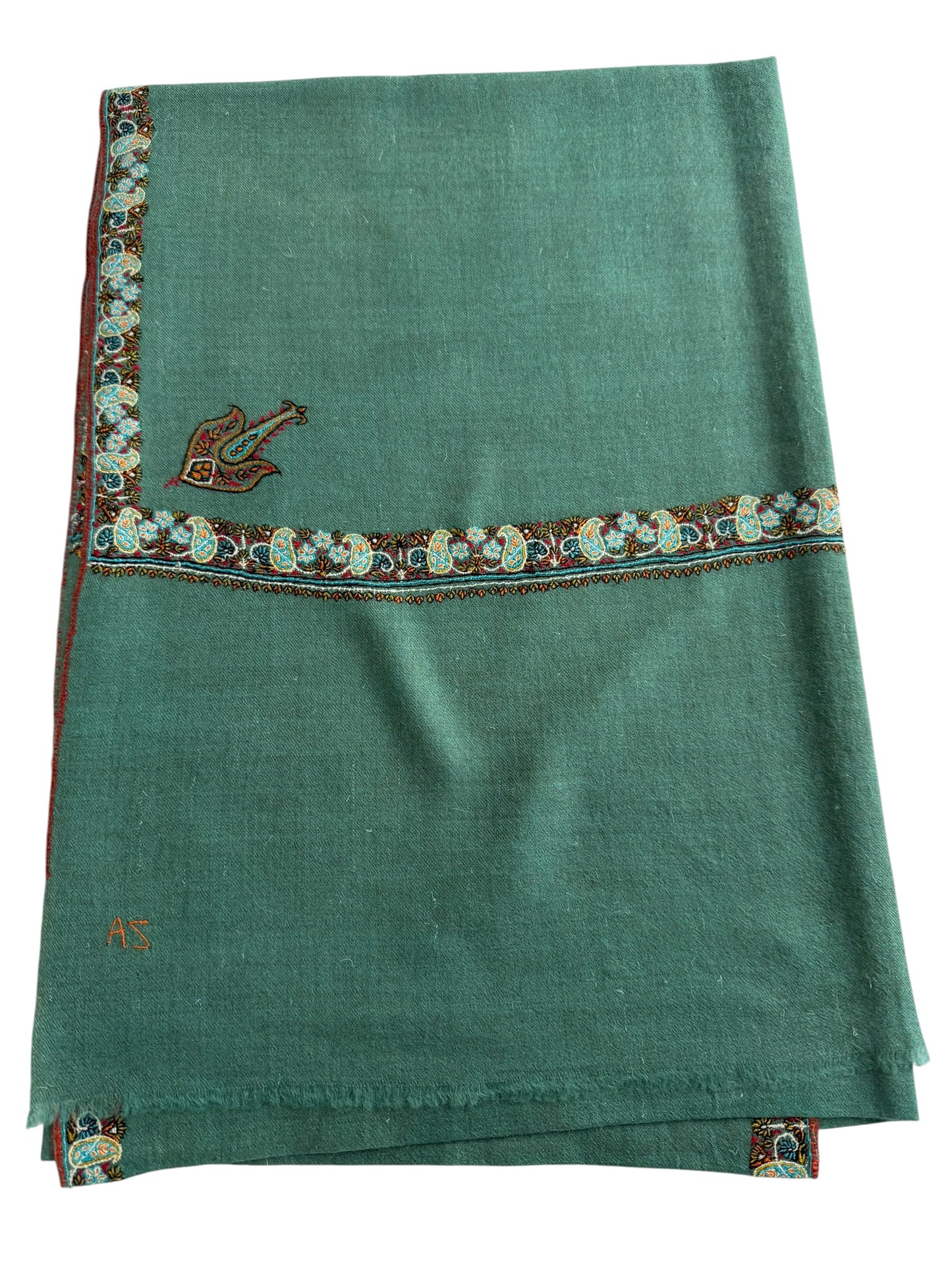 Teal Green Pure Pashmina Shawl with Sozni Paisley Border & Bird Motif
