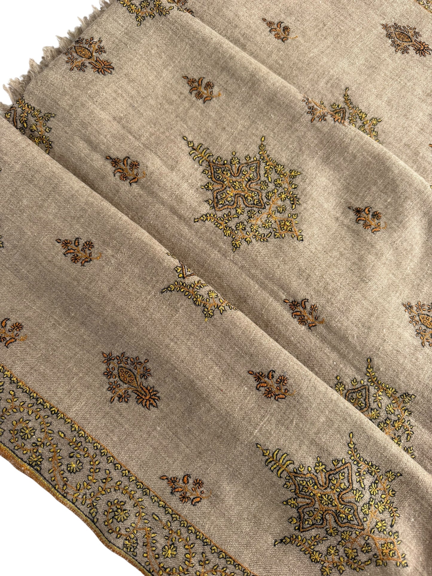 Natural Beige Pashmina Shawl with Sozni Tilla Embroidery and Star Motifs