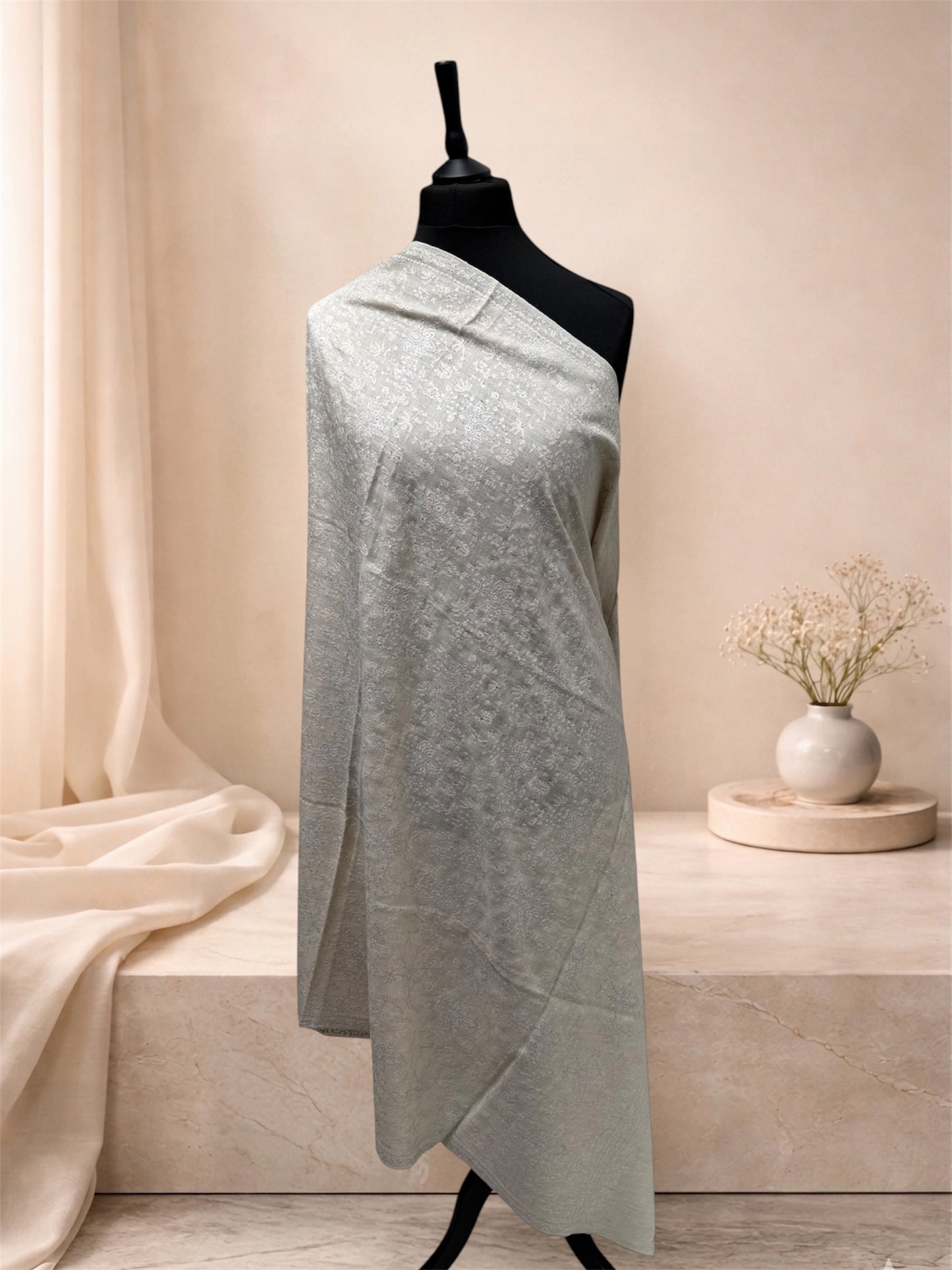 Ivory Pure Pashmina Shawl with Sozni Embroidery Floral Jaal