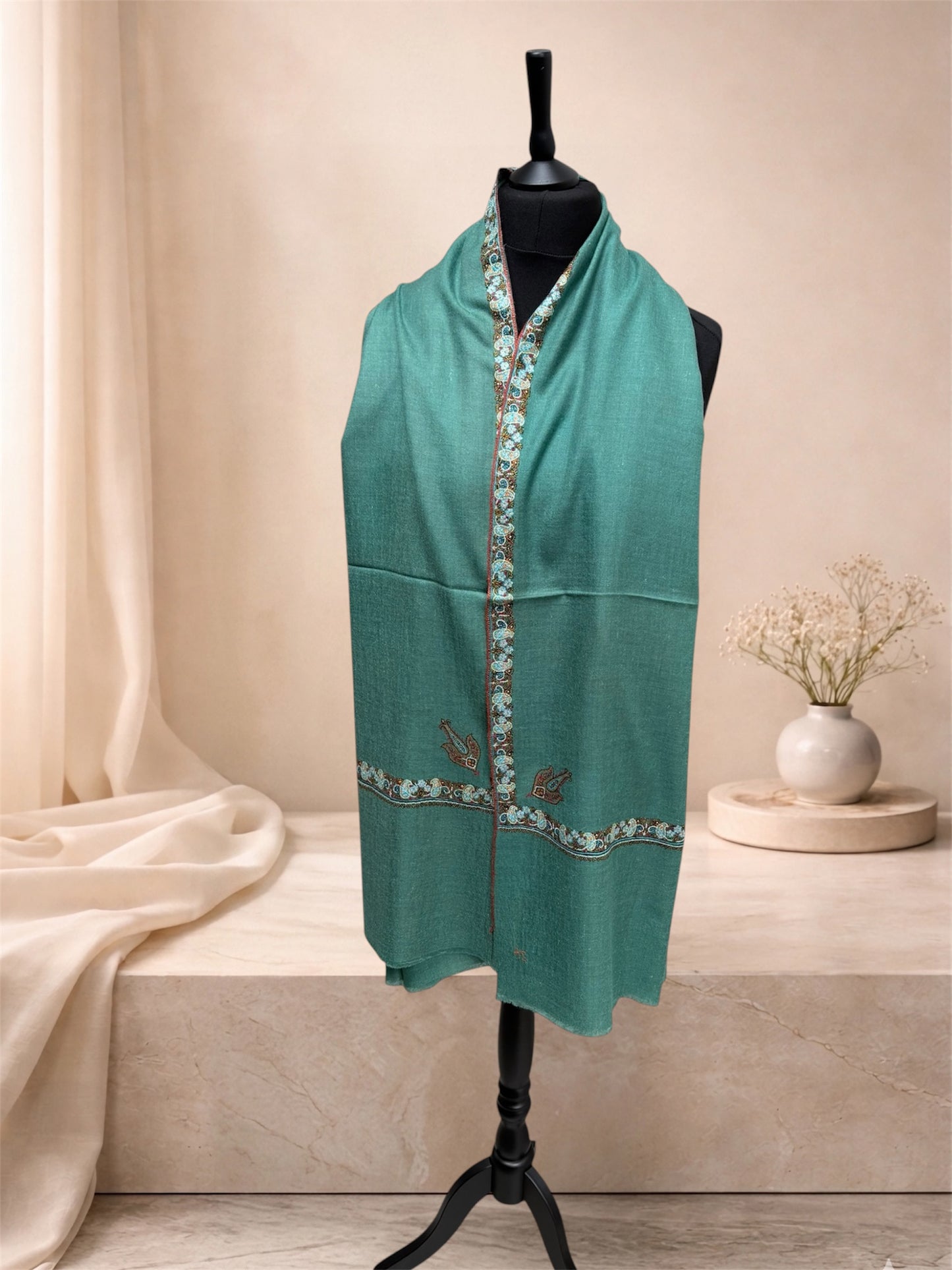 Teal Green Pure Pashmina Shawl with Sozni Paisley Border & Bird Motif
