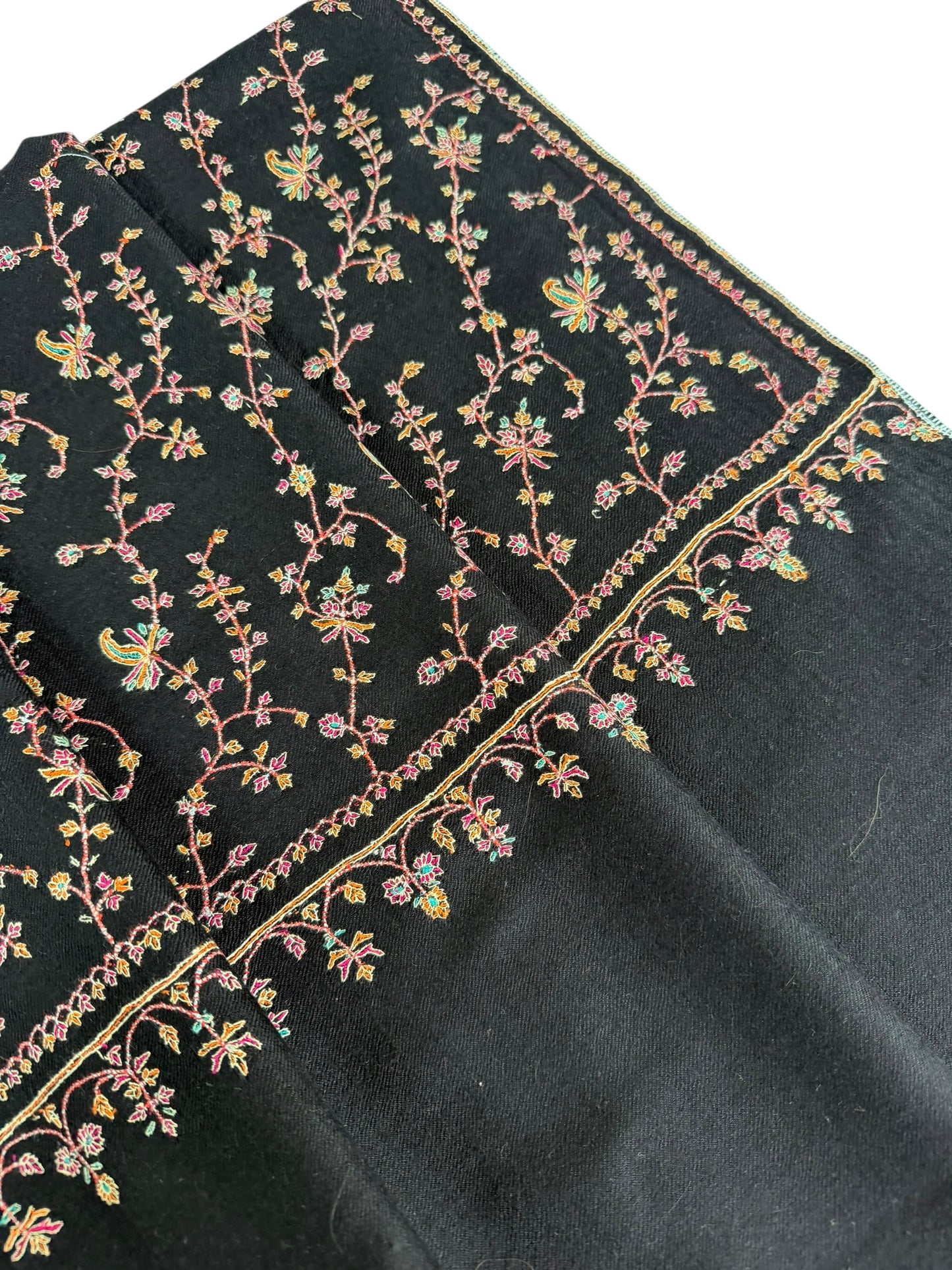 Black Pashmina Shawl with Sozni Floral Vine Embroidery