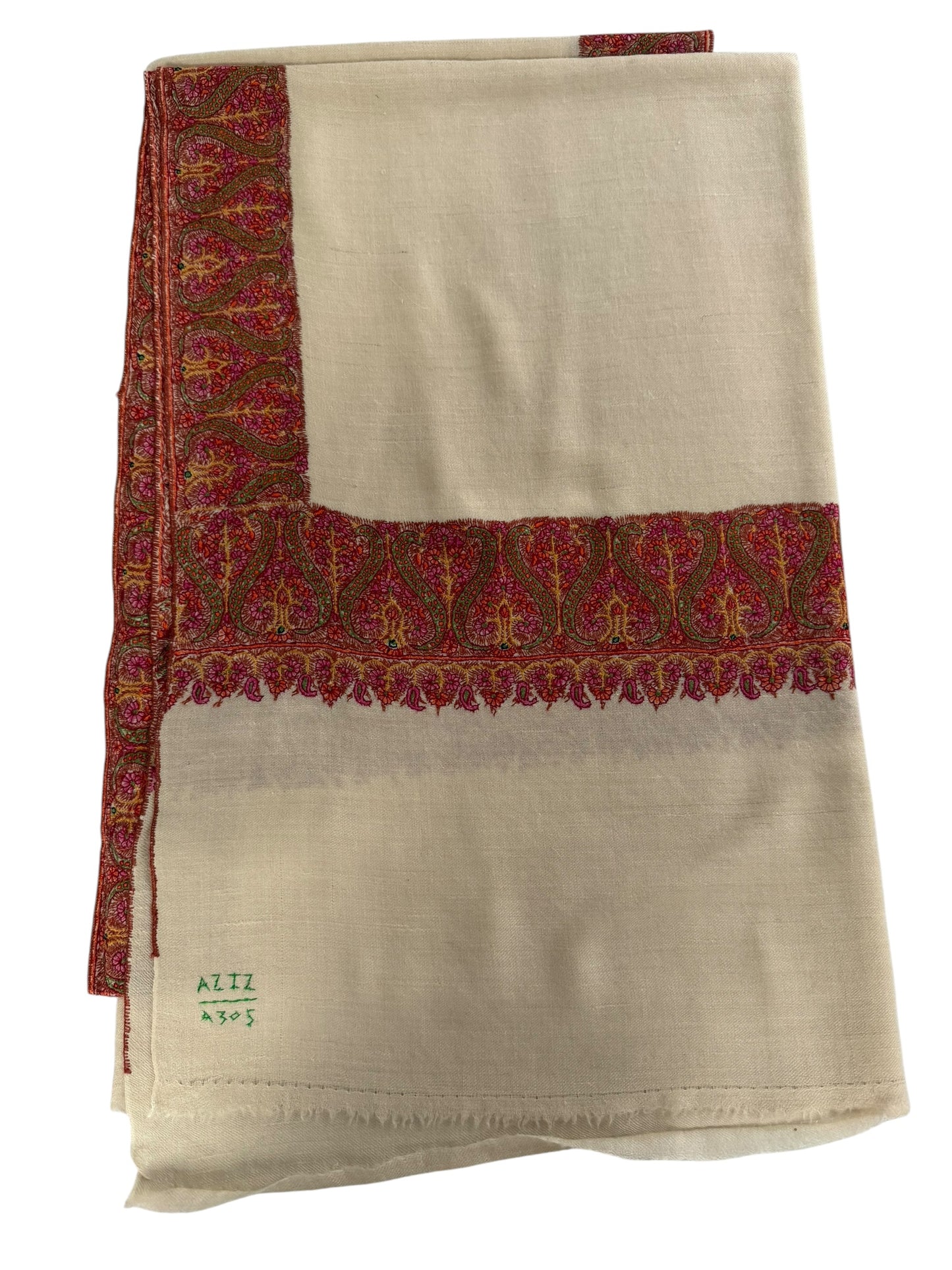 Ivory Pashmina Shawl with Sozni Paisley Border Embroidery