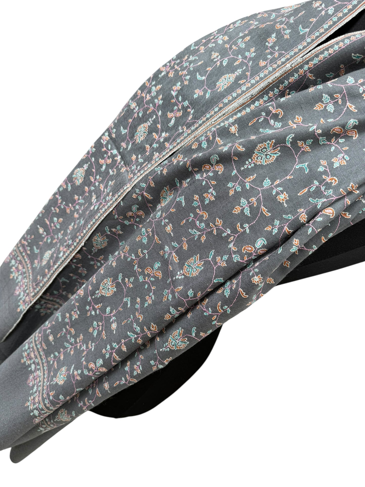 Slate-Grey Pure Pashmina Shawl with Sozni Embroidery Floral Jaal