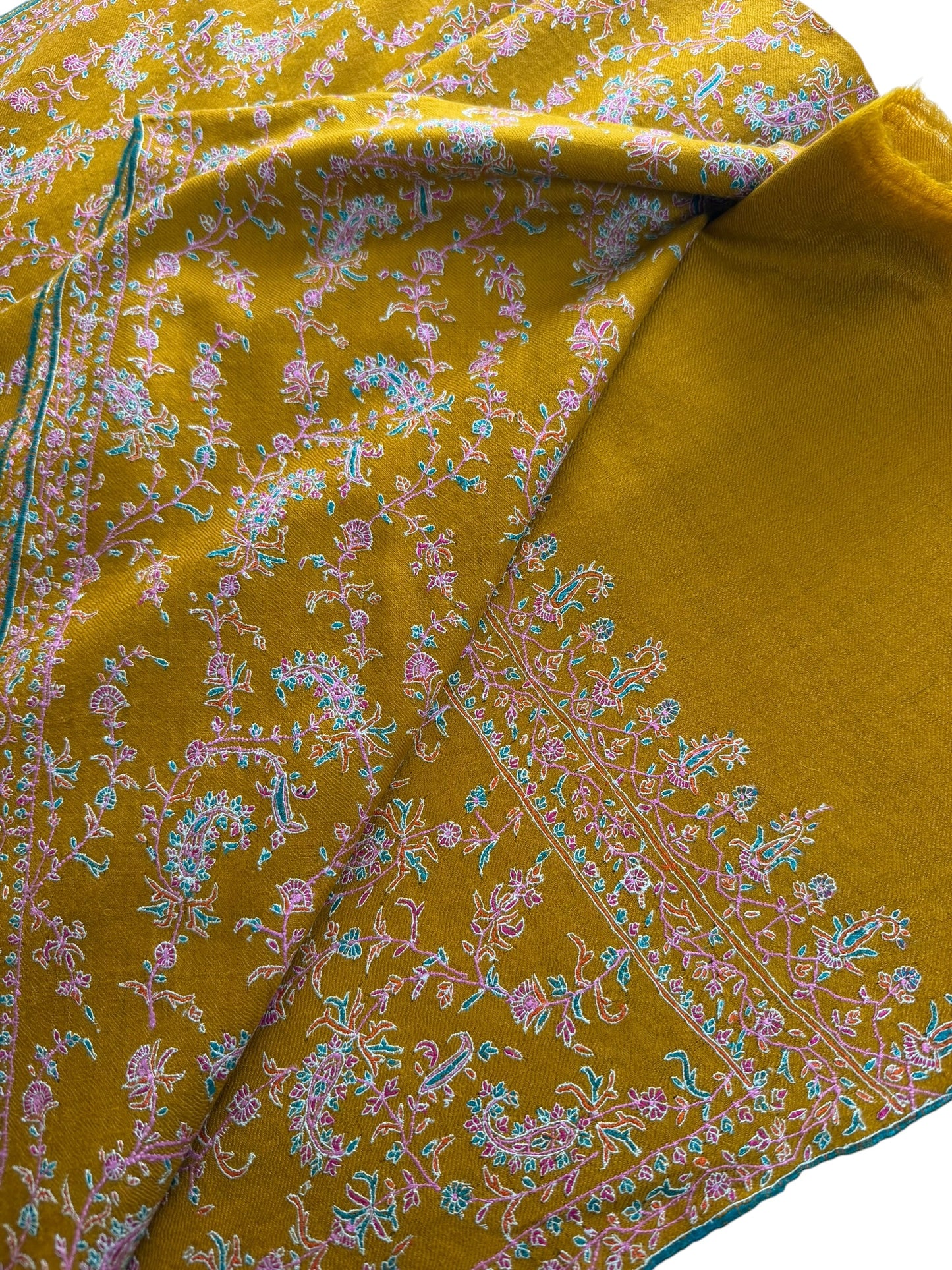 Mustard Gold Pure Pashmina Shawl with Sozni Jaal Embroidery