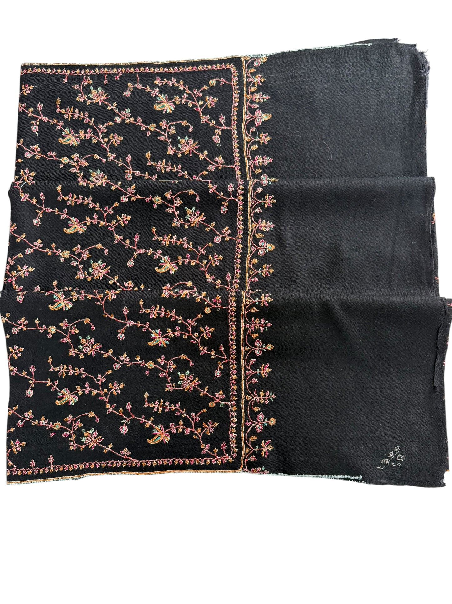 Black Pashmina Shawl with Sozni Floral Vine Embroidery