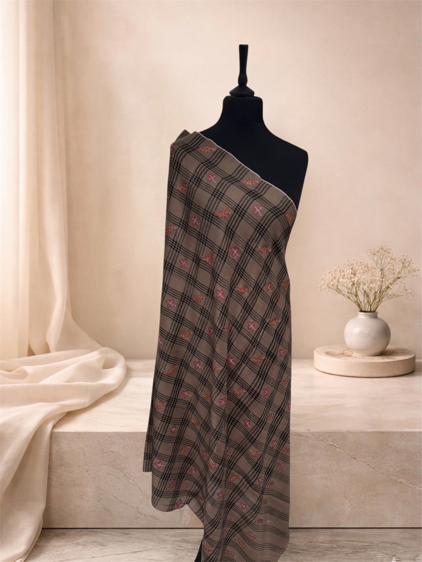 Beige Checked Pashmina Shawl with Sozni Paisley & Floral Buti Embroidery