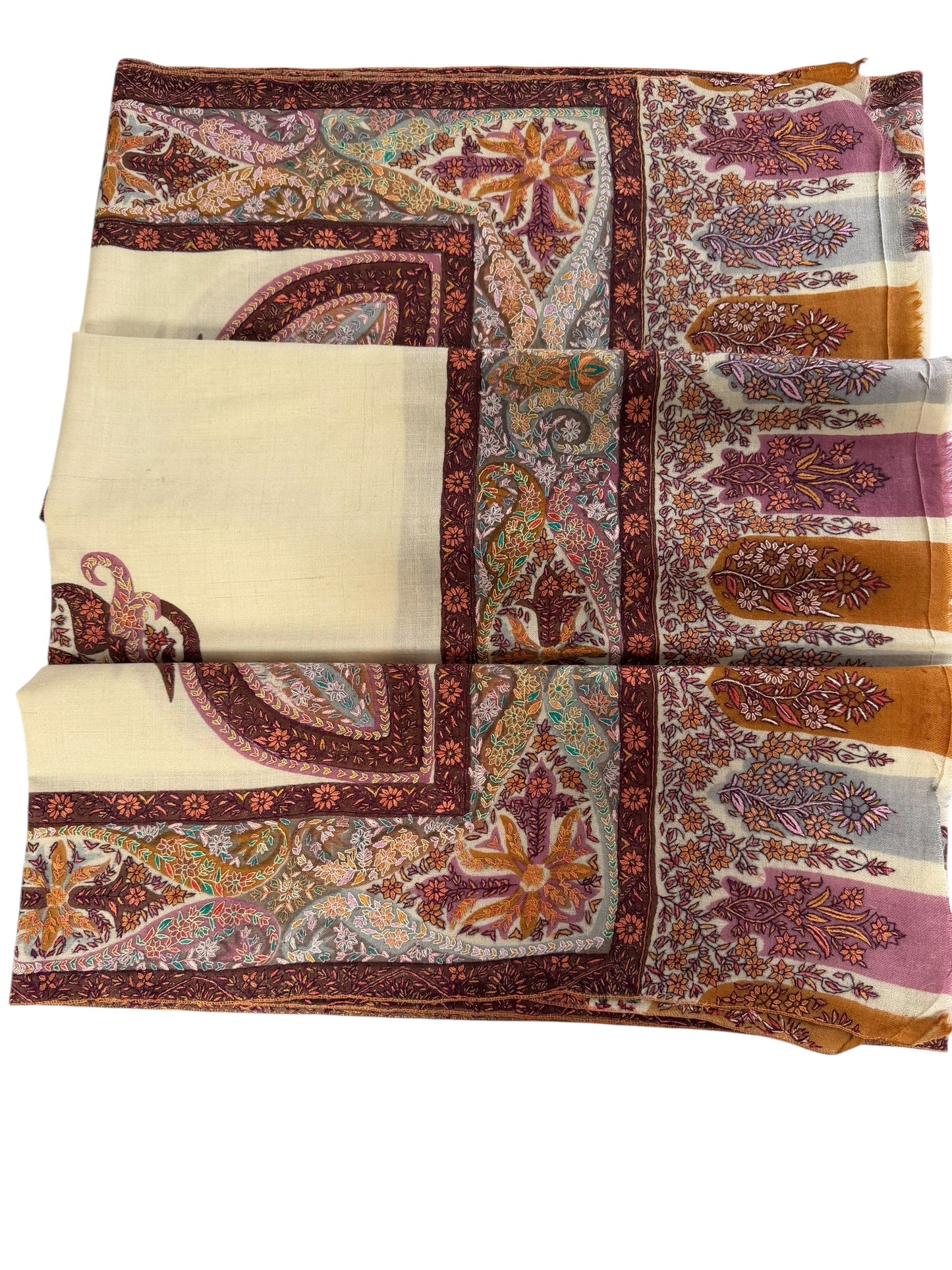 Ivory Pashmina Shawl with Sozni Paisley & Floral Border Embroidery