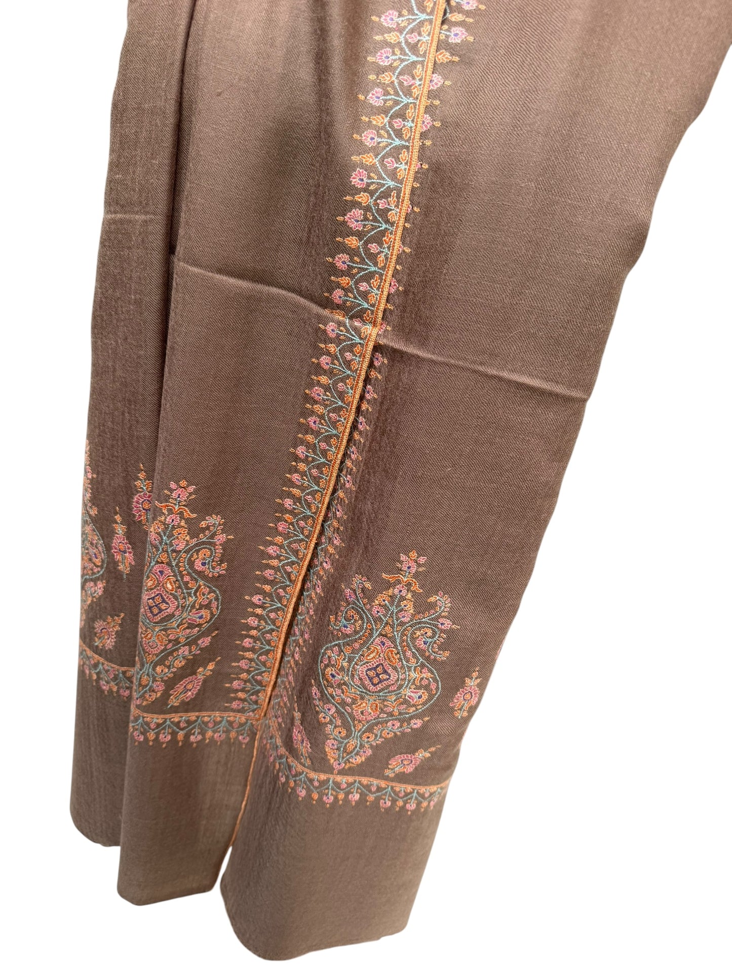 Cocoa-Brown Pure Pashmina Shawl with Sozni Embroidery Paisley Motifs
