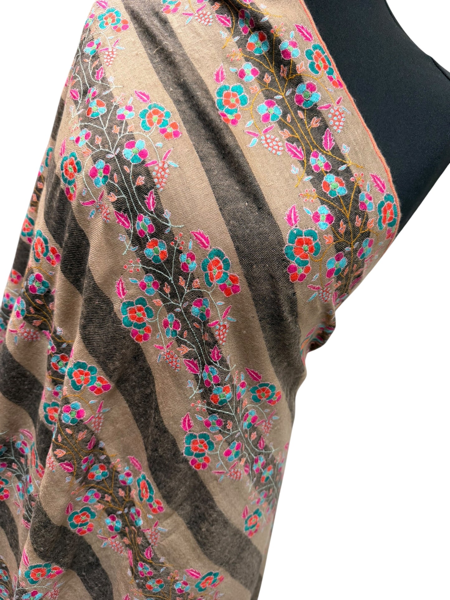 Natural & Charcoal Striped Pashmina Shawl with Sozni Floral Embroidery