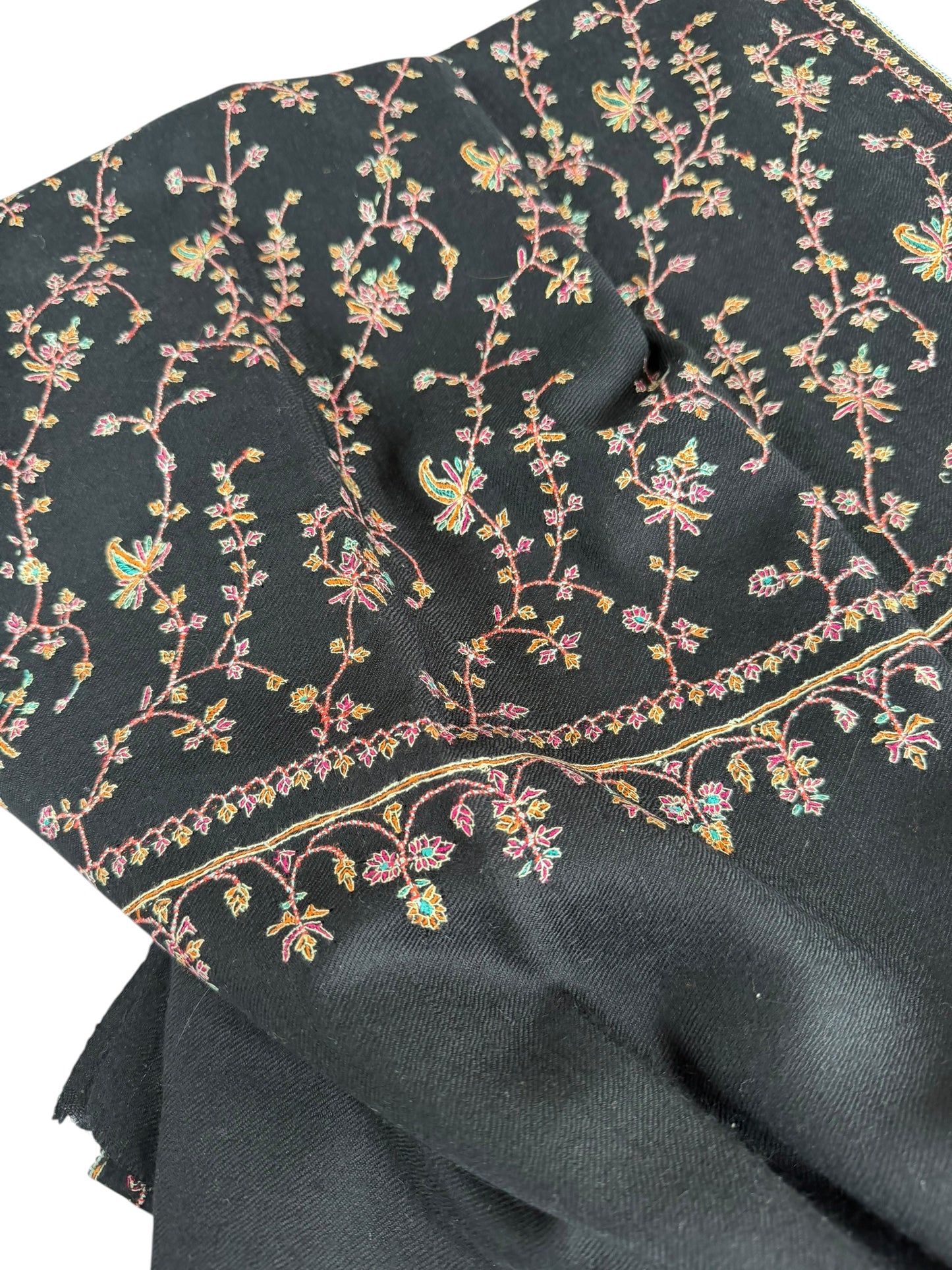 Black Pashmina Shawl with Sozni Floral Vine Embroidery