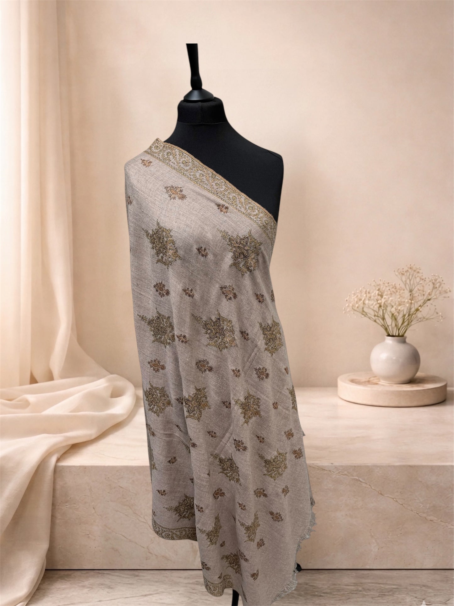 Natural Beige Pashmina Shawl with Sozni Tilla Embroidery and Star Motifs