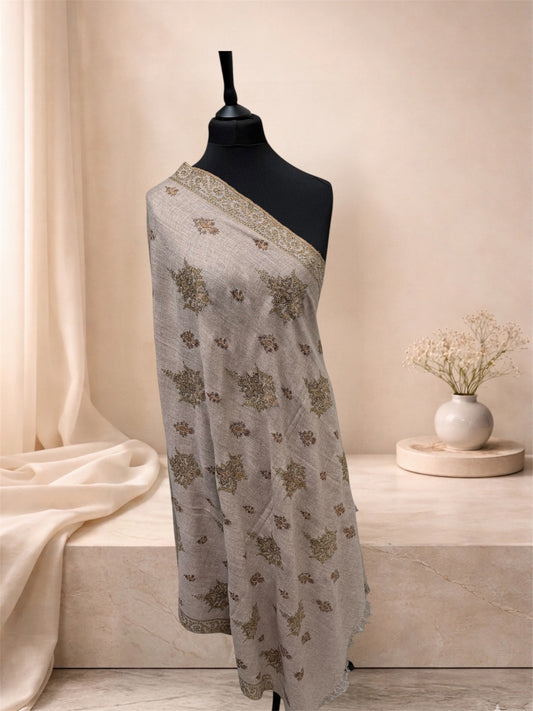 Natural Beige Pashmina Shawl with Sozni Tilla Embroidery and Star Motifs