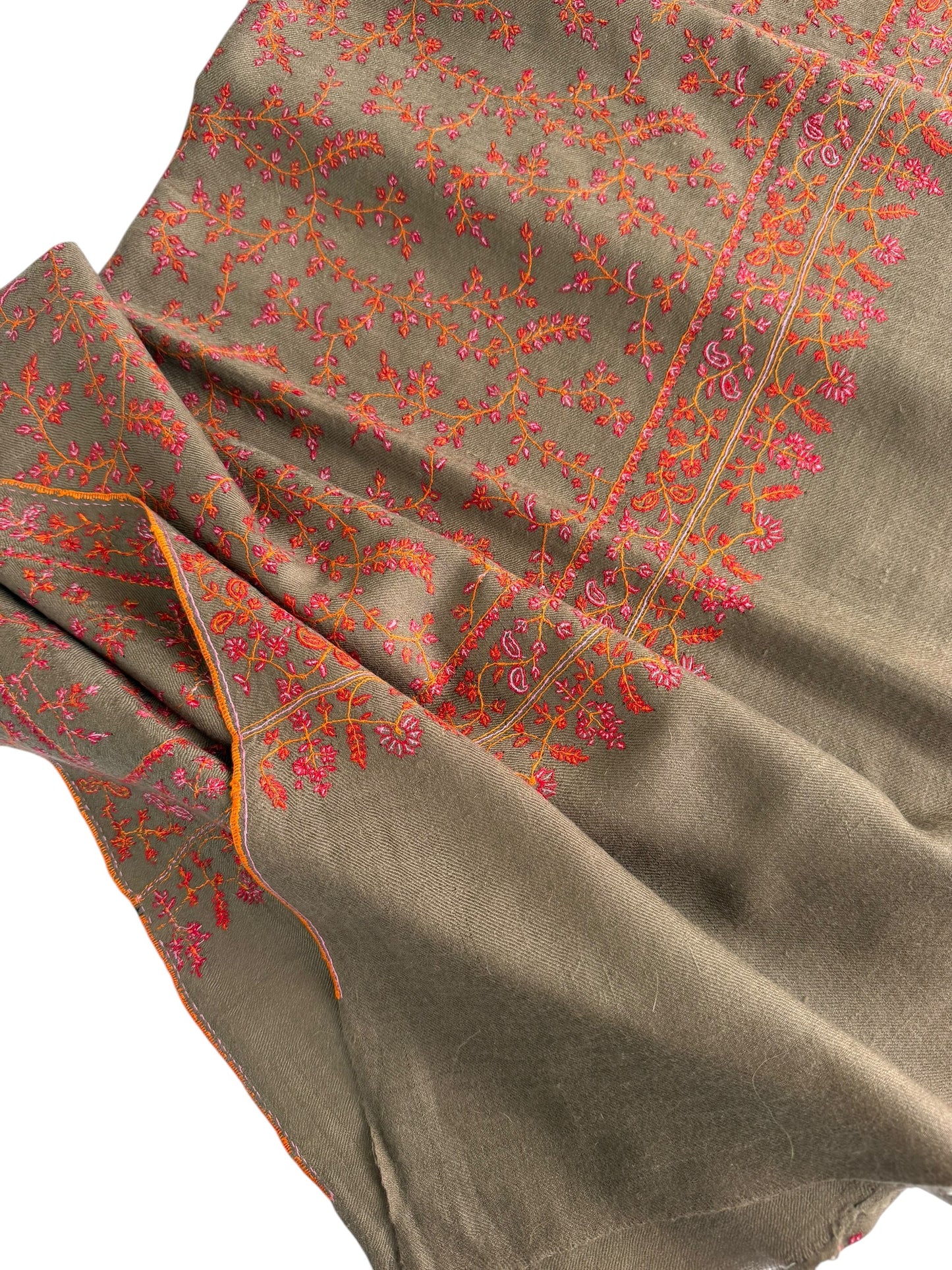 Natural Taupe Pashmina Shawl with Sozni Floral Vine Embroidery