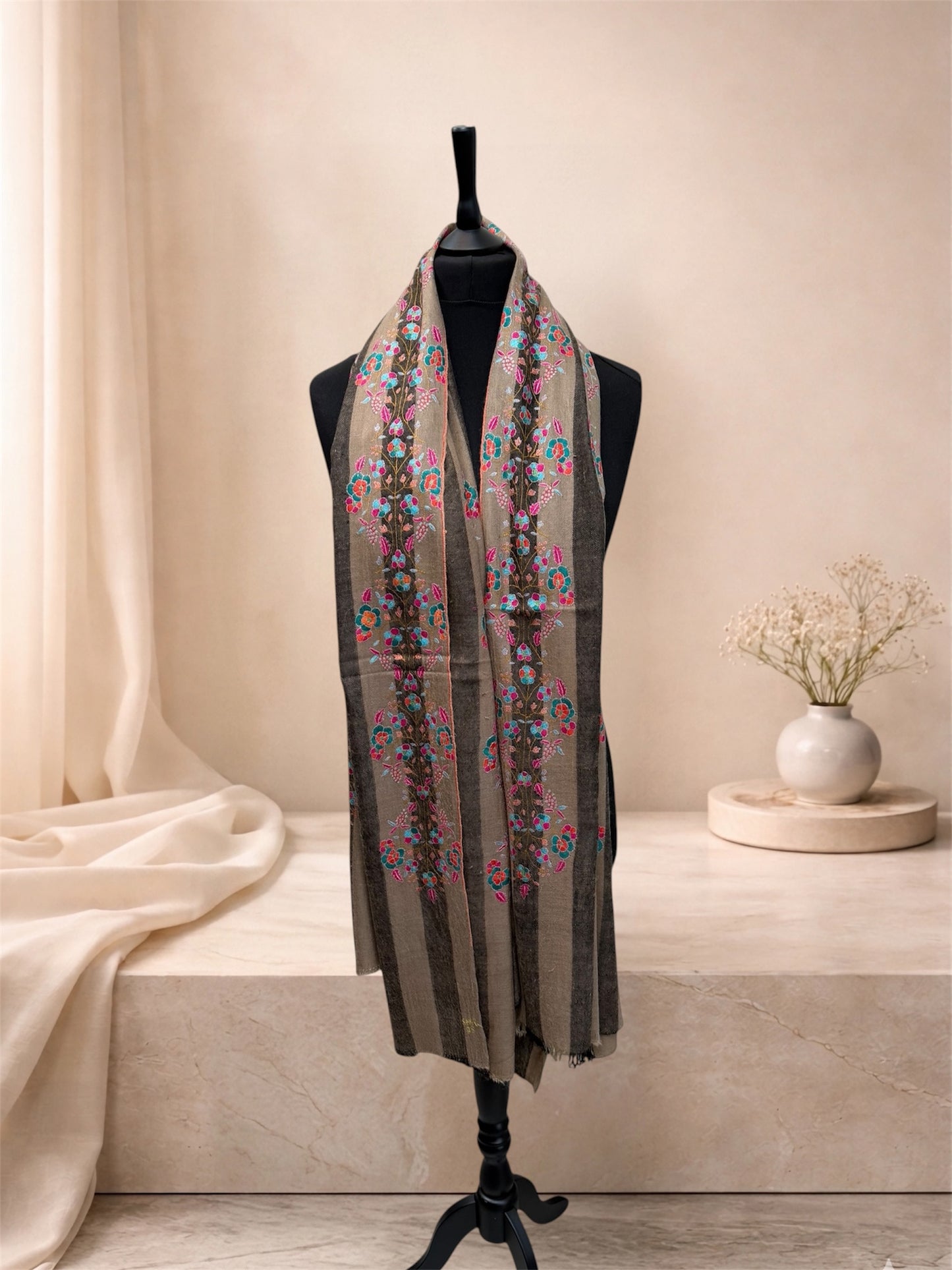 Natural & Charcoal Striped Pashmina Shawl with Sozni Floral Embroidery