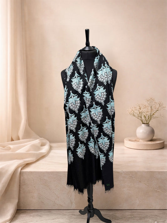 Black Pure Pashmina Shawl with Sozni Floral Buta Embroidery