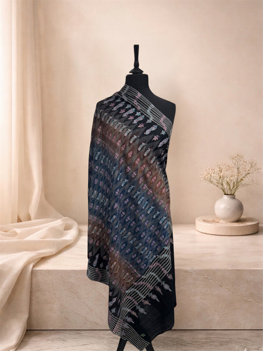 Black Pure Pashmina Shawl with Sozni Embroidered Paisley & Floral Jaal
