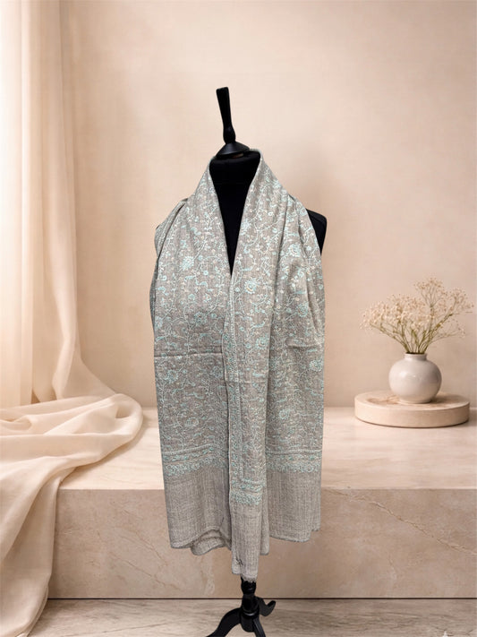 Natural Beige Pashmina Shawl with Sozni Embroidery Floral Jaal