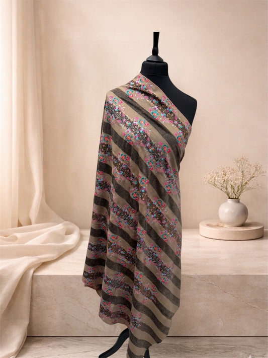 Natural & Charcoal Striped Pashmina Shawl with Sozni Floral Embroidery