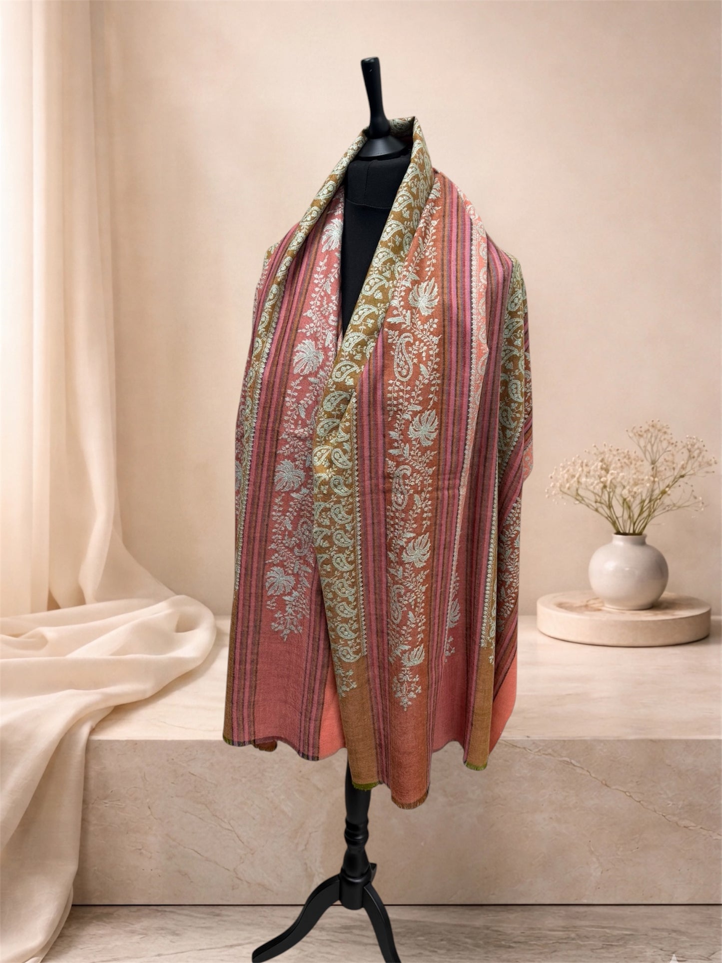 Multicolour Striped Pure Pashmina Shawl with All-Over Sozni Jaal Embroidery