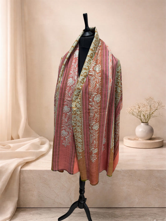 Multicolour Striped Pure Pashmina Shawl with All-Over Sozni Jaal Embroidery
