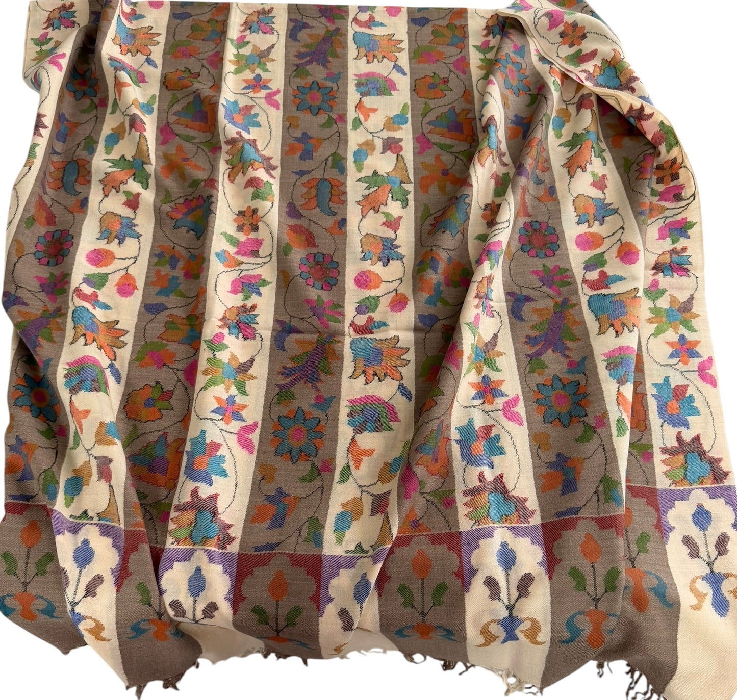 Ivory & Taupe Pure Pashmina Kani Shawl with Multicolour Floral Jaal