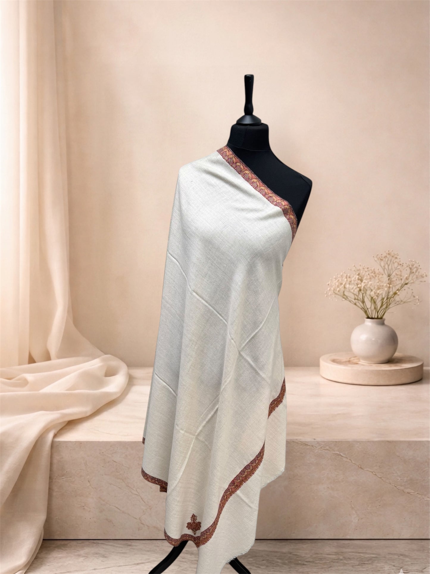 Ivory Pure Pashmina Shawl with Sozni Border & Buta Embroidery in Multicolour Paisley
