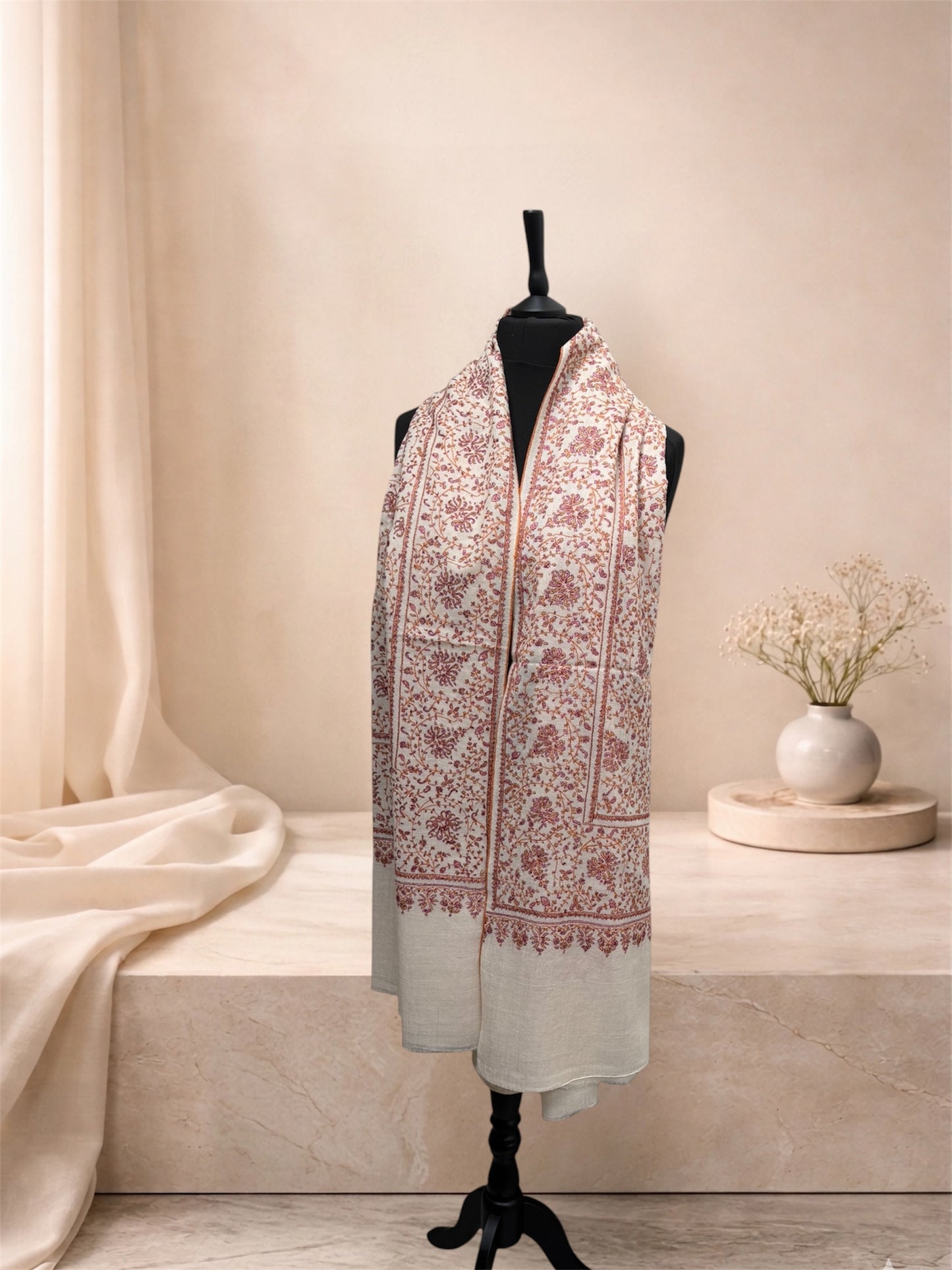 Ivory Pashmina Shawl with Sozni Embroidery Floral Jaal