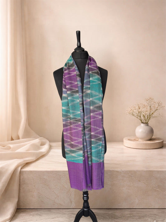 Purple and Teal Pure Pashmina Stole with Woven Ikat Wave Pattern