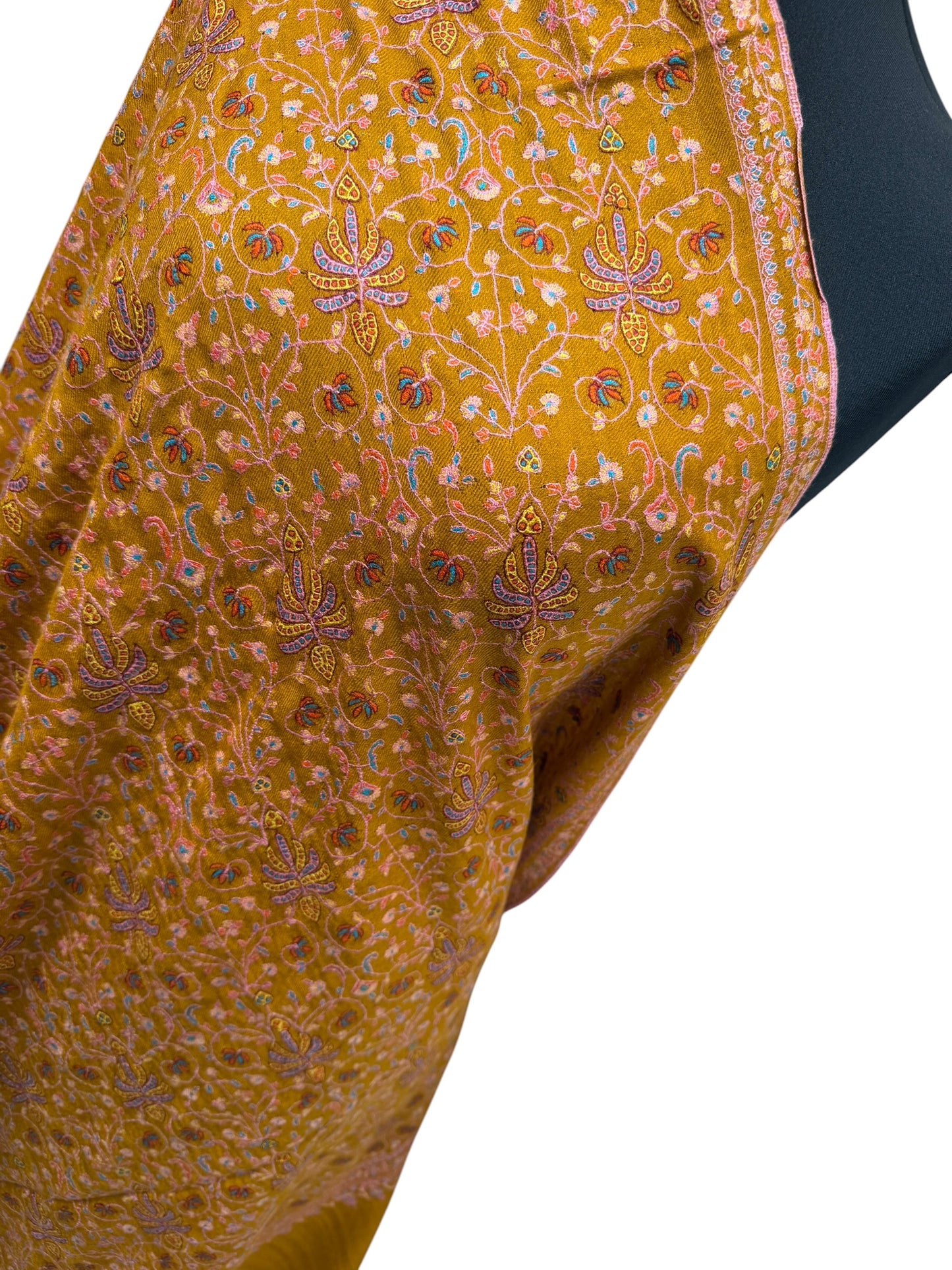 Mustard Gold Pure Pashmina Shawl with Sozni Embroidery Floral Jaal