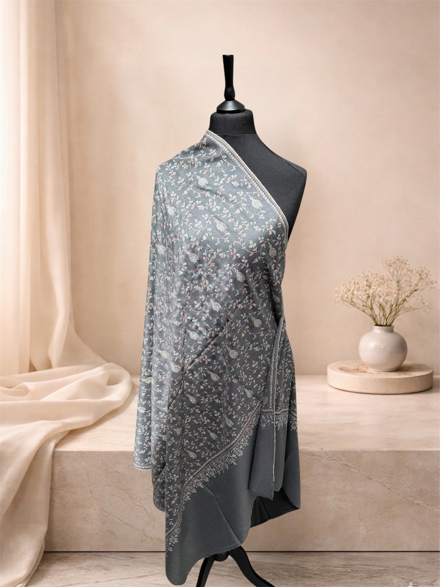 Slate-Grey Pure Pashmina Shawl with Sozni Embroidery Floral Jaal