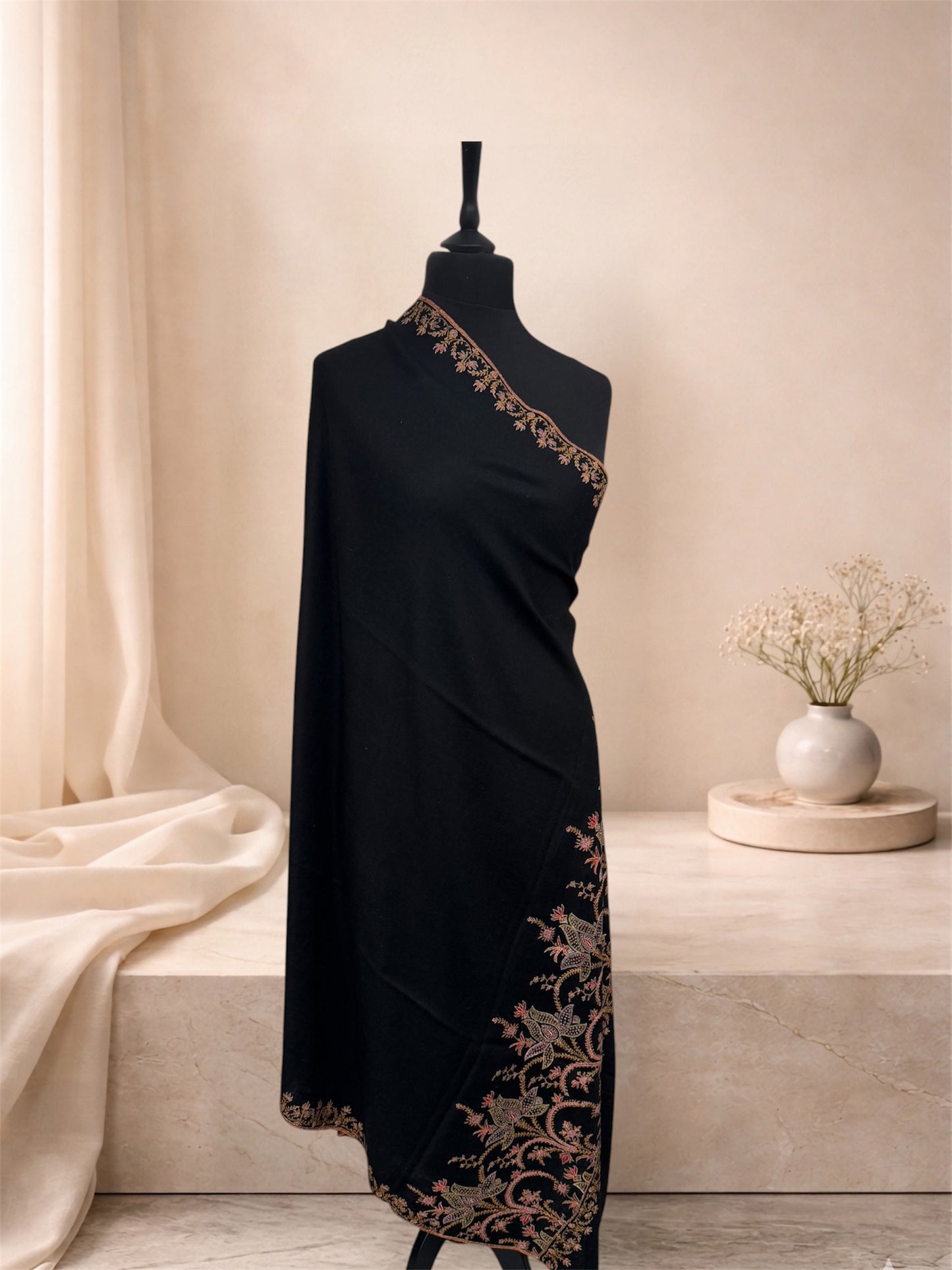 Black Pure Pashmina Shawl with Sozni Embroidered Floral Border