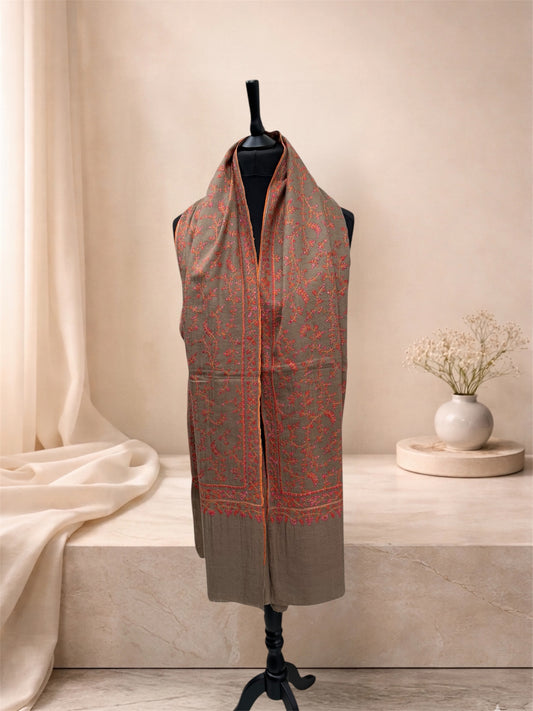 Natural Taupe Pashmina Shawl with Sozni Floral Vine Embroidery