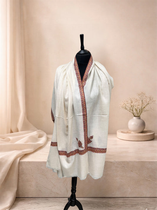 Ivory Pure Pashmina Shawl with Sozni Border & Buta Embroidery in Multicolour Paisley