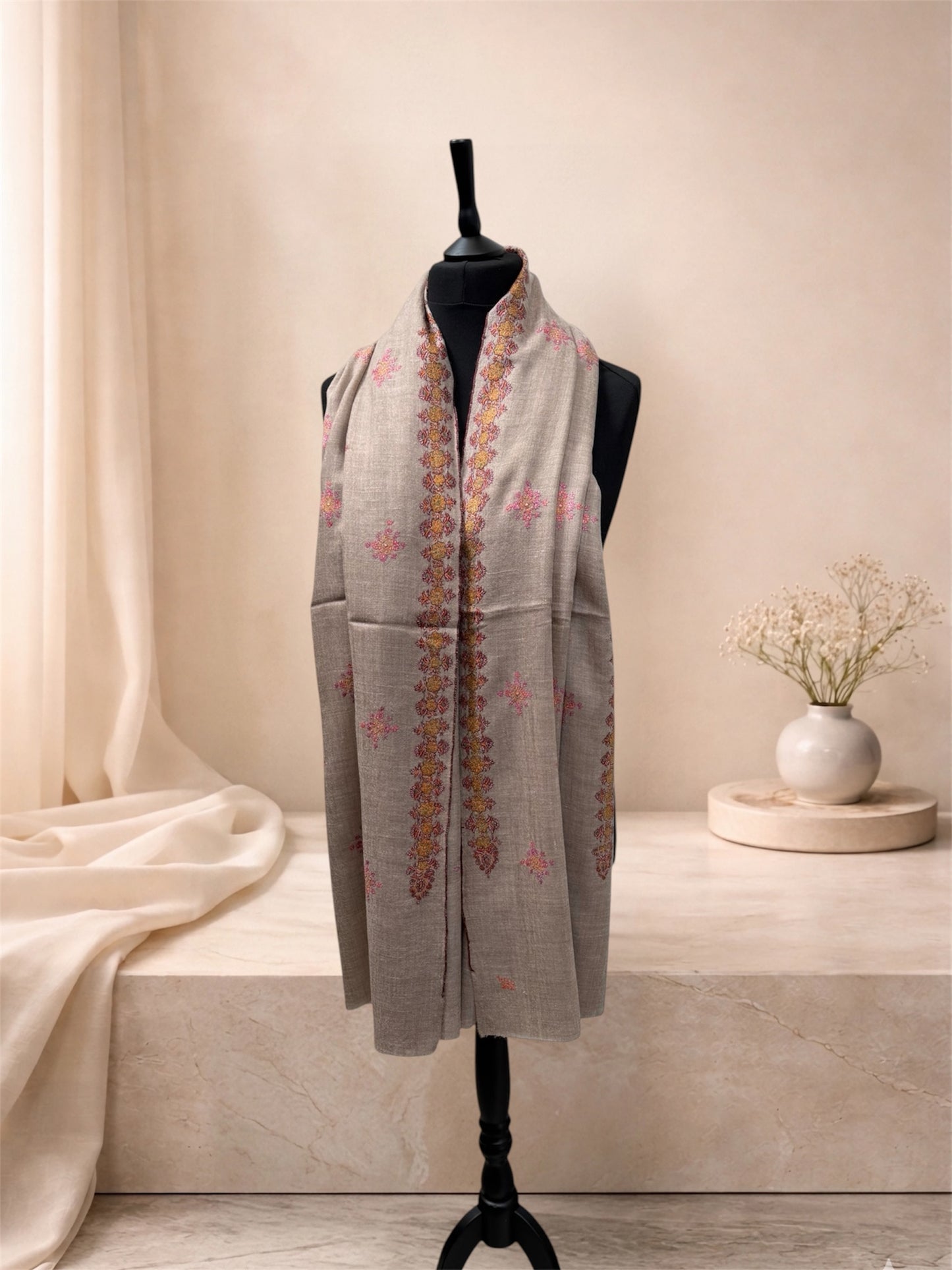 Natural Beige Pashmina Shawl with Sozni Floral Embroidery & Border