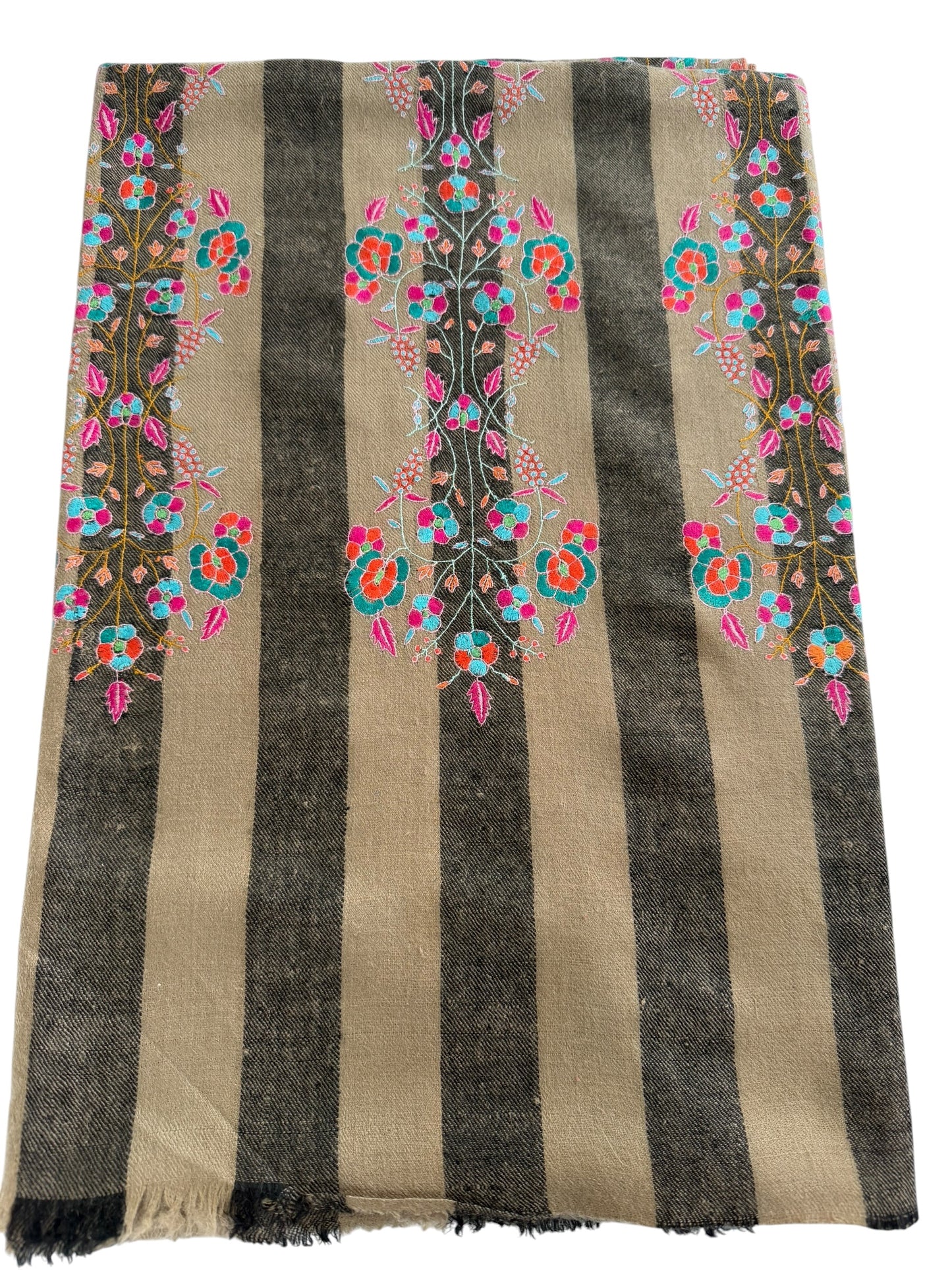 Natural & Charcoal Striped Pashmina Shawl with Sozni Floral Embroidery