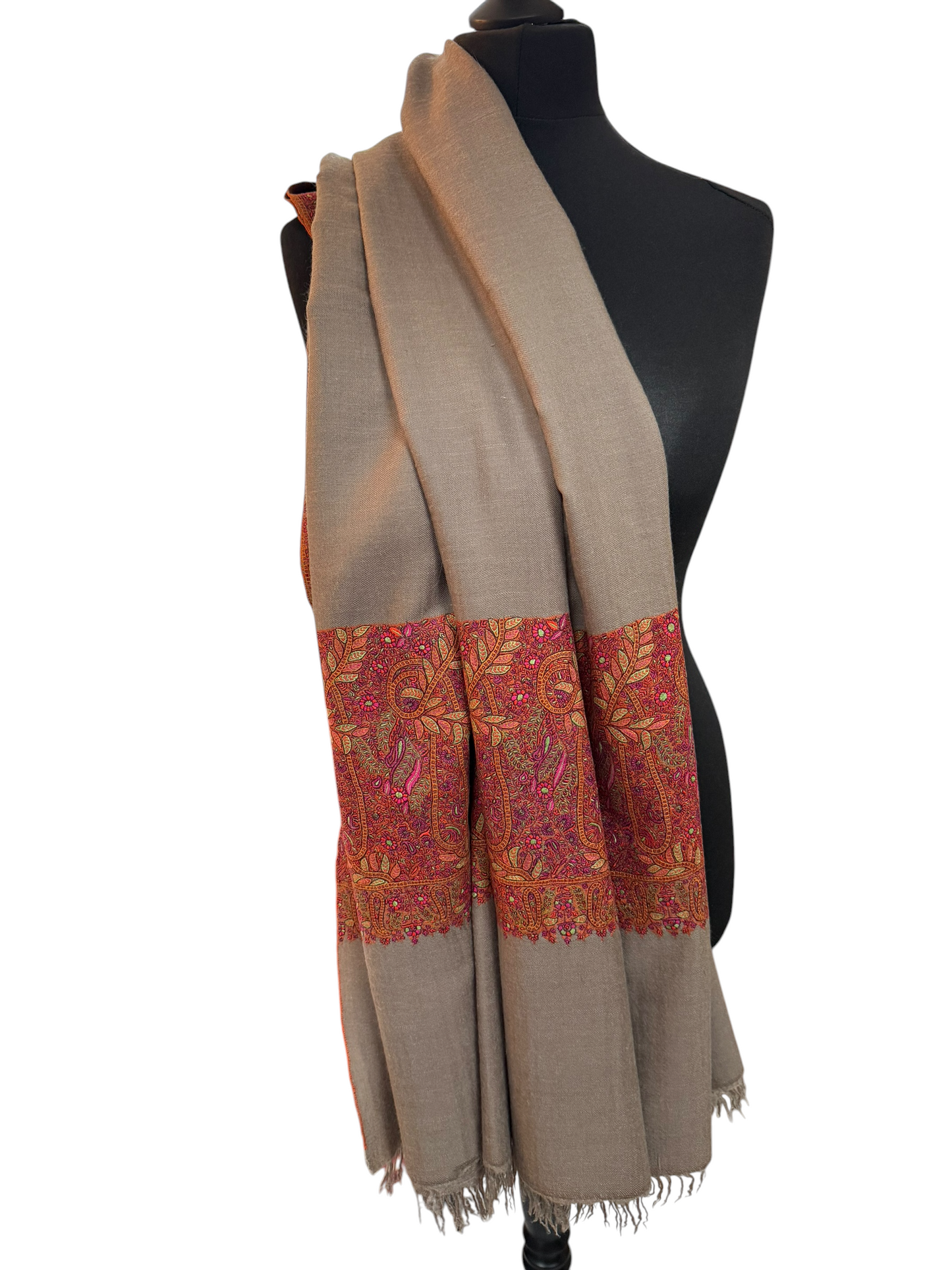Extra Large Taupe Pashmina Shawl with Sozni Embroidered Paisley Border