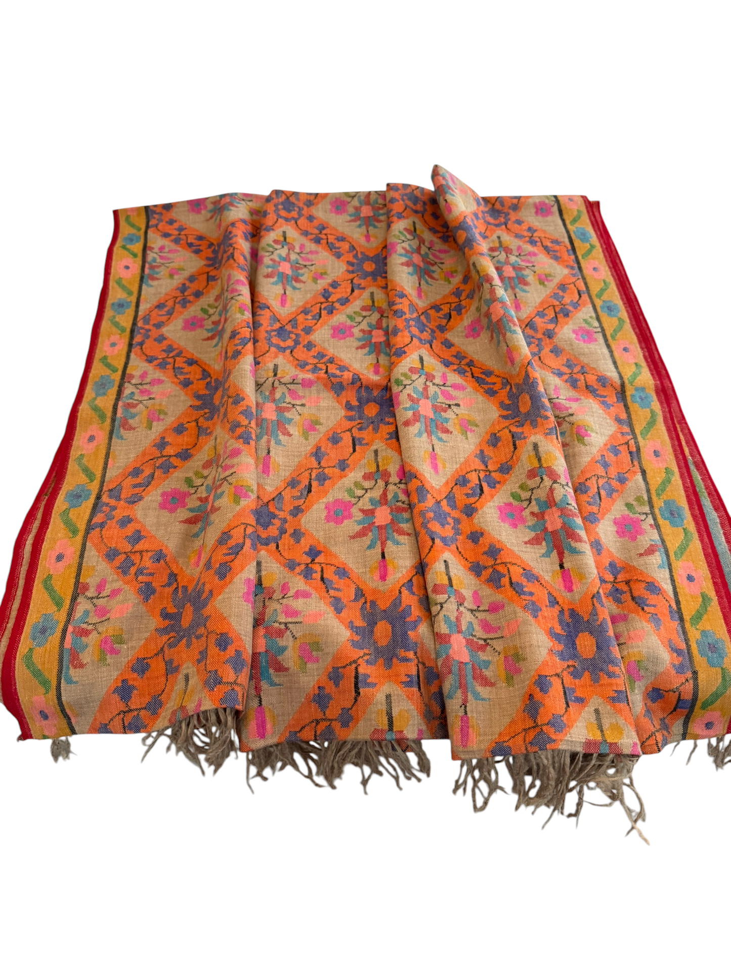 Beige Pashmina Shawl with Kani Handwoven Floral Jaal & Palledar Border