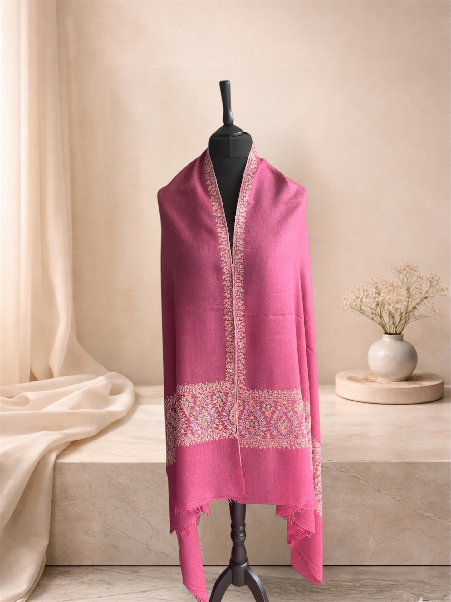 Rose Pink Pure Pashmina Shawl with Sozni Hand-Embroidered Paisley Border