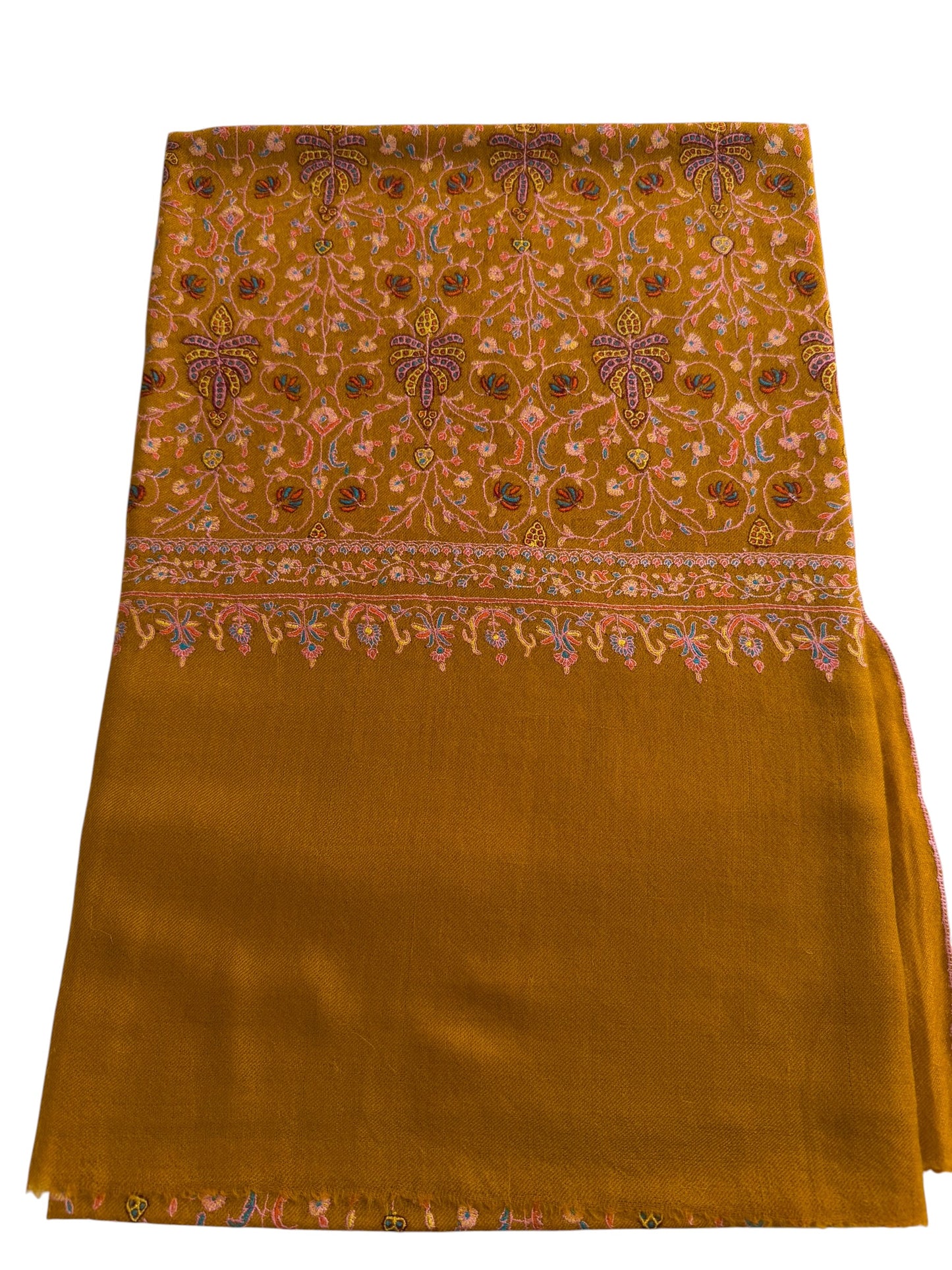 Mustard Gold Pure Pashmina Shawl with Sozni Embroidery Floral Jaal