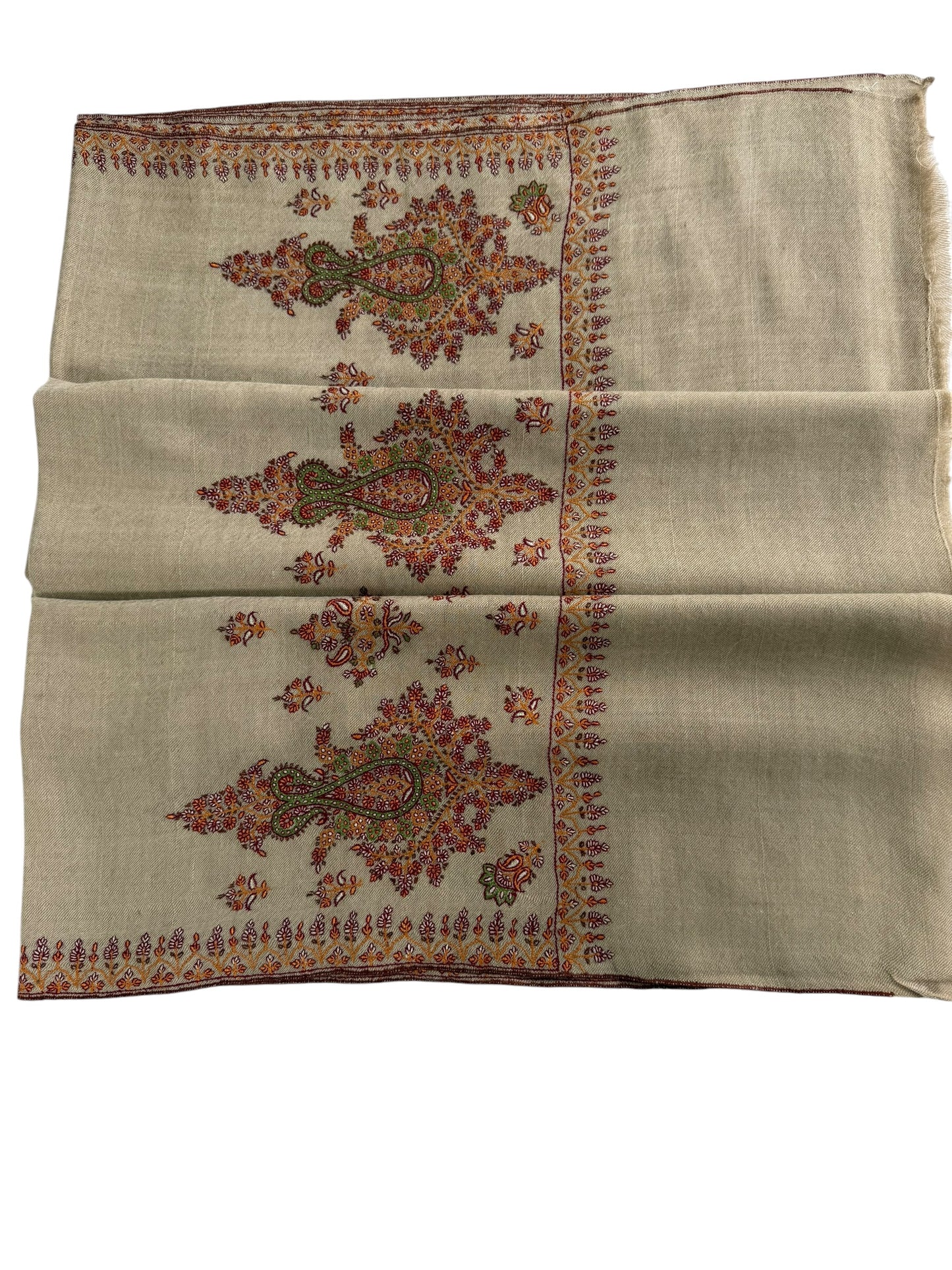 Natural Beige Pashmina Shawl with Sozni Paisley & Floral Embroidery