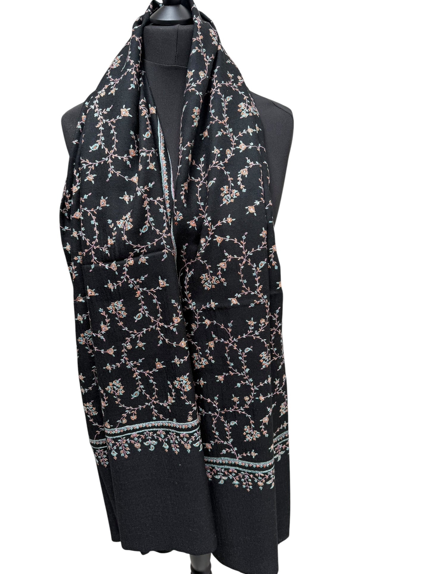 Black Pure Pashmina Shawl with Sozni Jaal Embroidery in Teal & Amber Floral Vine