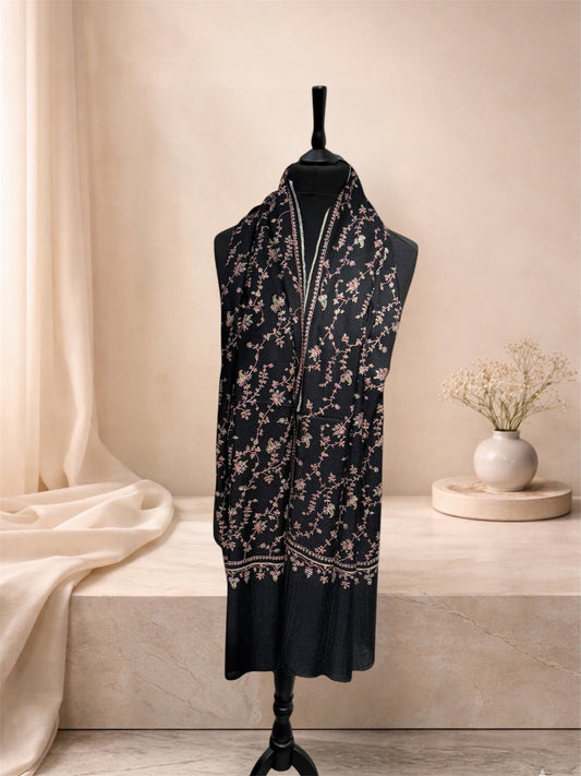 Black Pashmina Shawl with Sozni Floral Vine Embroidery