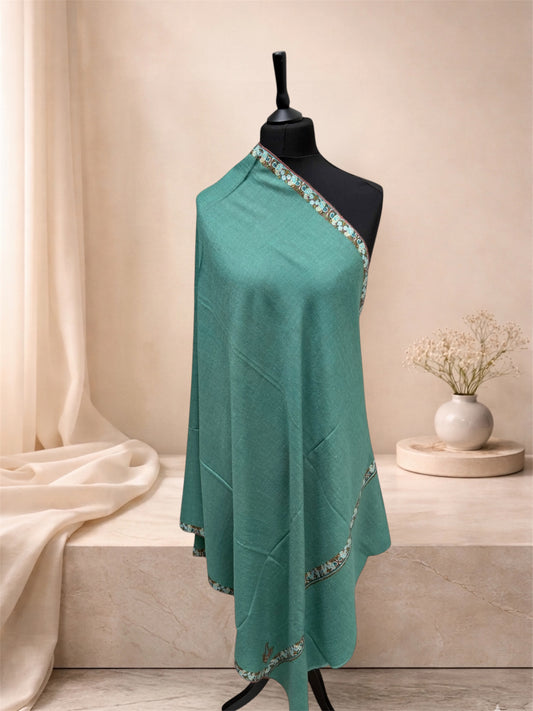Teal Green Pure Pashmina Shawl with Sozni Paisley Border & Bird Motif